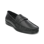 Black penny loafer with saddle strap and moccasin stitching: