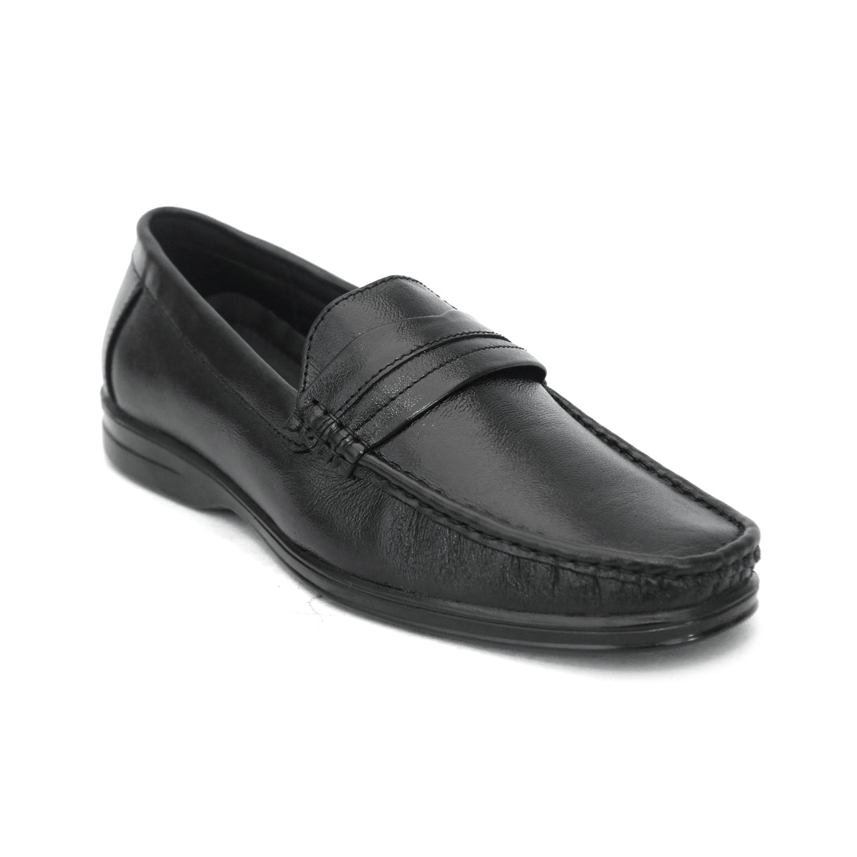 Black penny loafer with saddle strap and moccasin stitching: