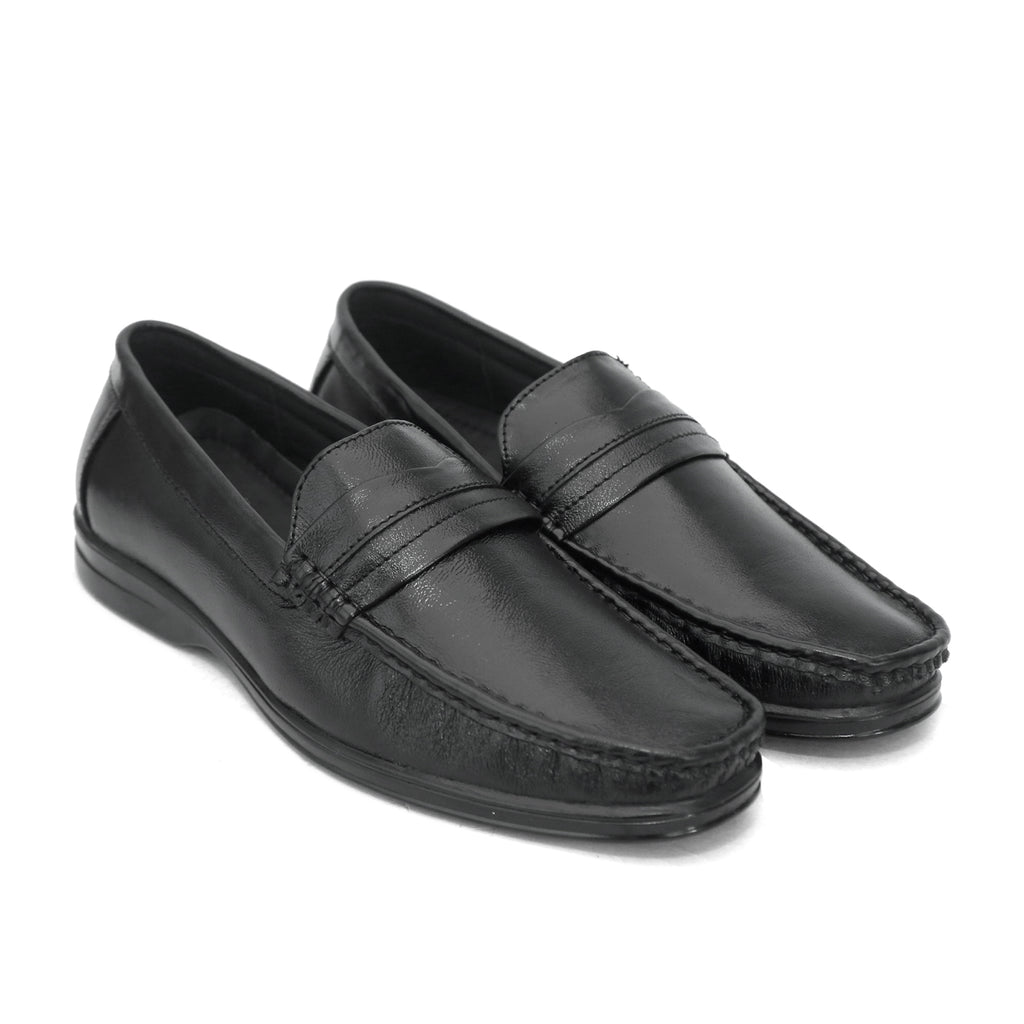 Black penny loafer with saddle strap and moccasin stitching: