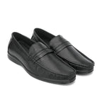 Black penny loafer with saddle strap and moccasin stitching: