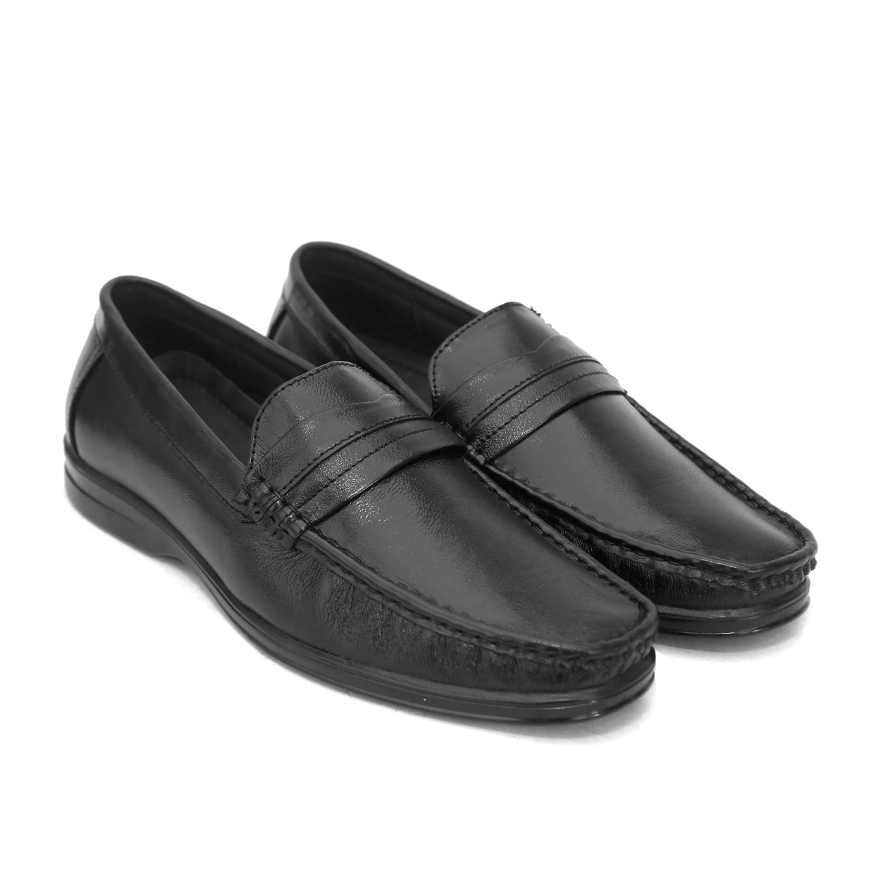 Black penny loafer with saddle strap and moccasin stitching: