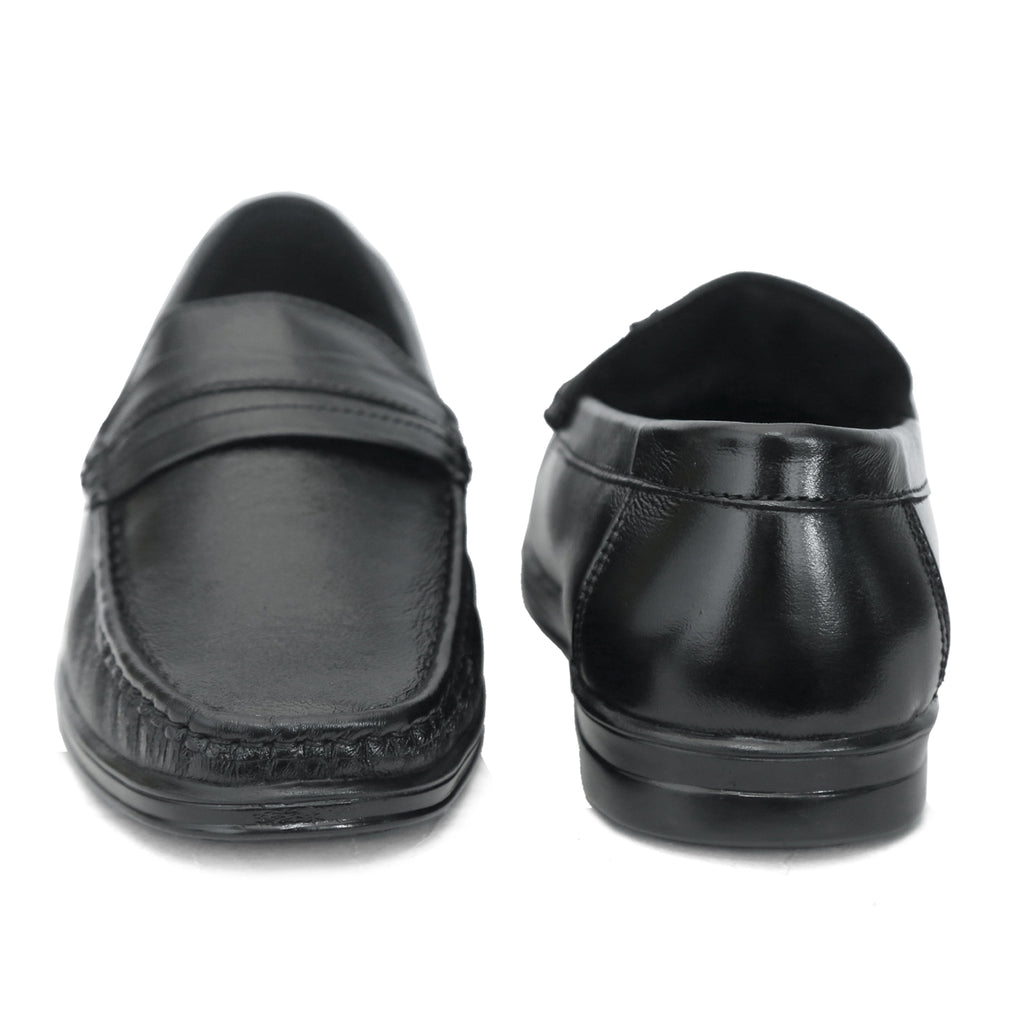 Black penny loafer with saddle strap and moccasin stitching: