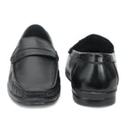 Black penny loafer with saddle strap and moccasin stitching: