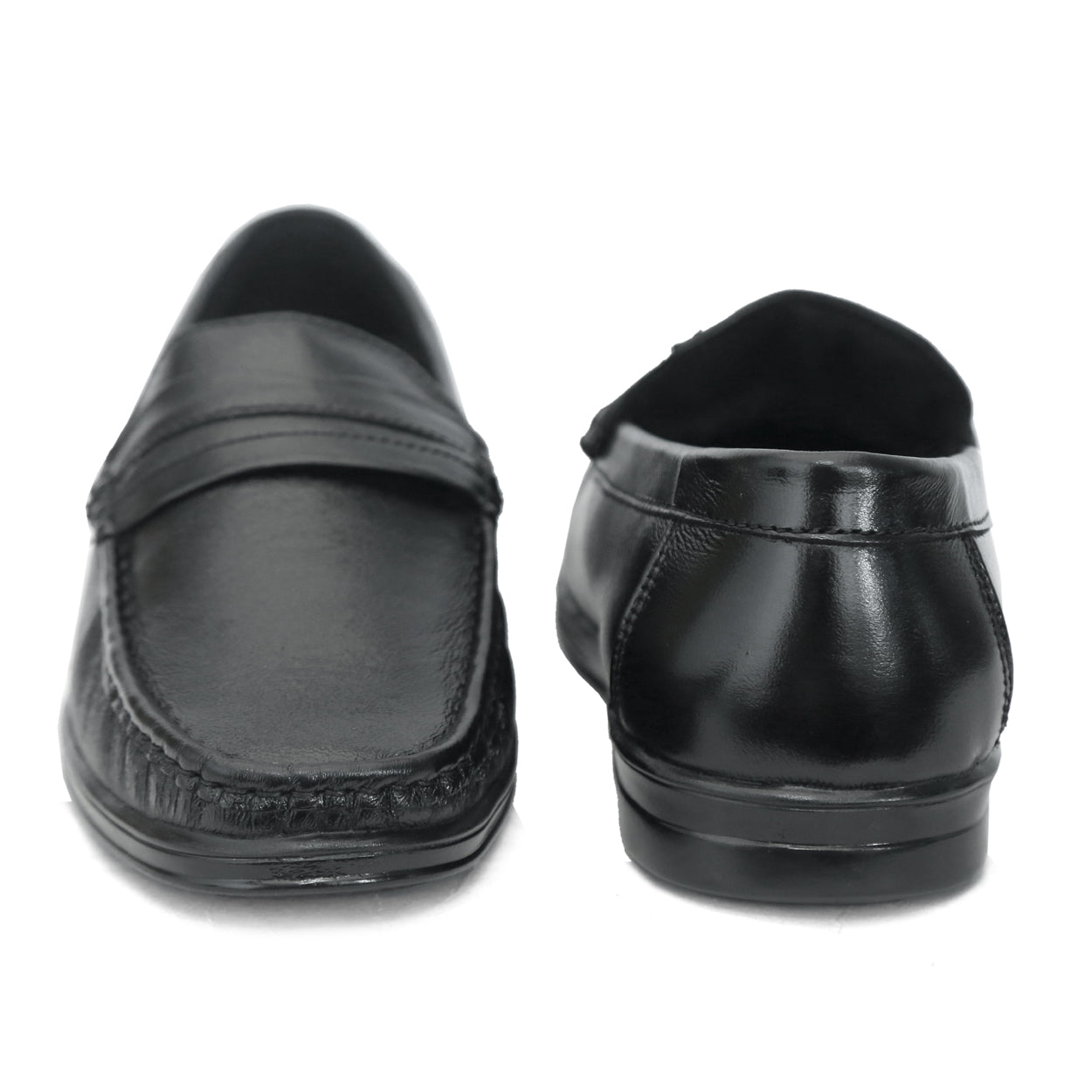 Black penny loafer with saddle strap and moccasin stitching: