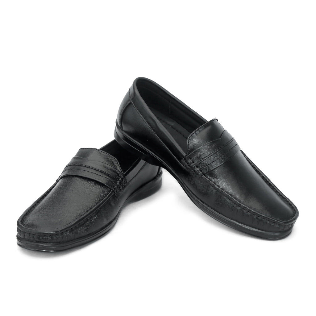 Black penny loafer with saddle strap and moccasin stitching: