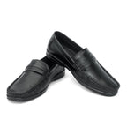 Black penny loafer with saddle strap and moccasin stitching: