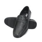 Black penny loafer with saddle strap and moccasin stitching: