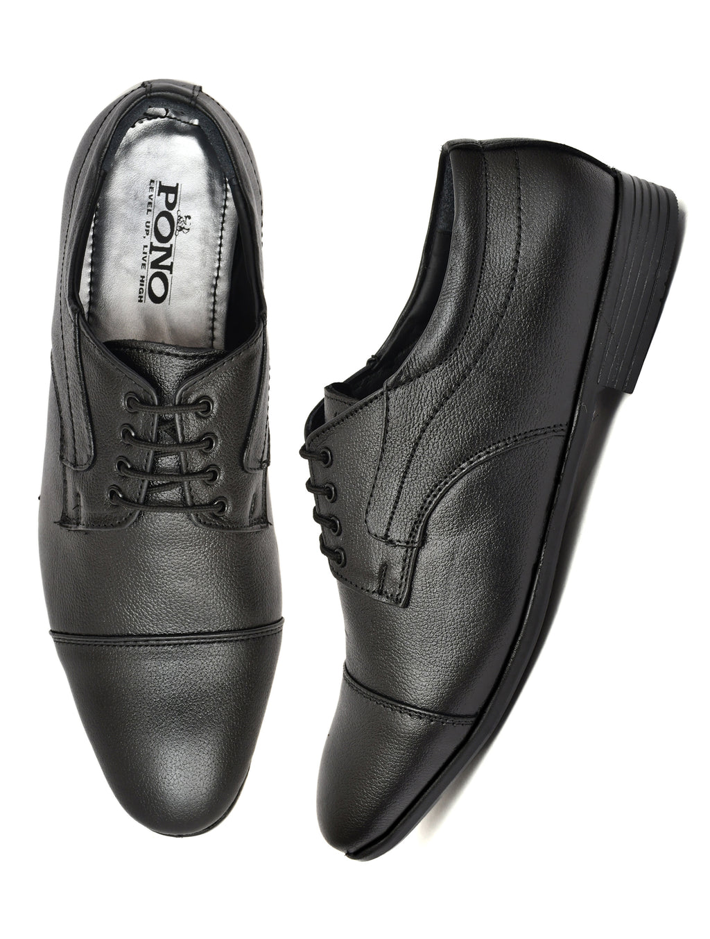 Black cap-toe Derby lace-up with pebble grain leather: