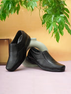 Men's Black Leather Moc-Toe Slip-On Comfort Formal Shoes | Extra Cushioned Office & Daily Wear