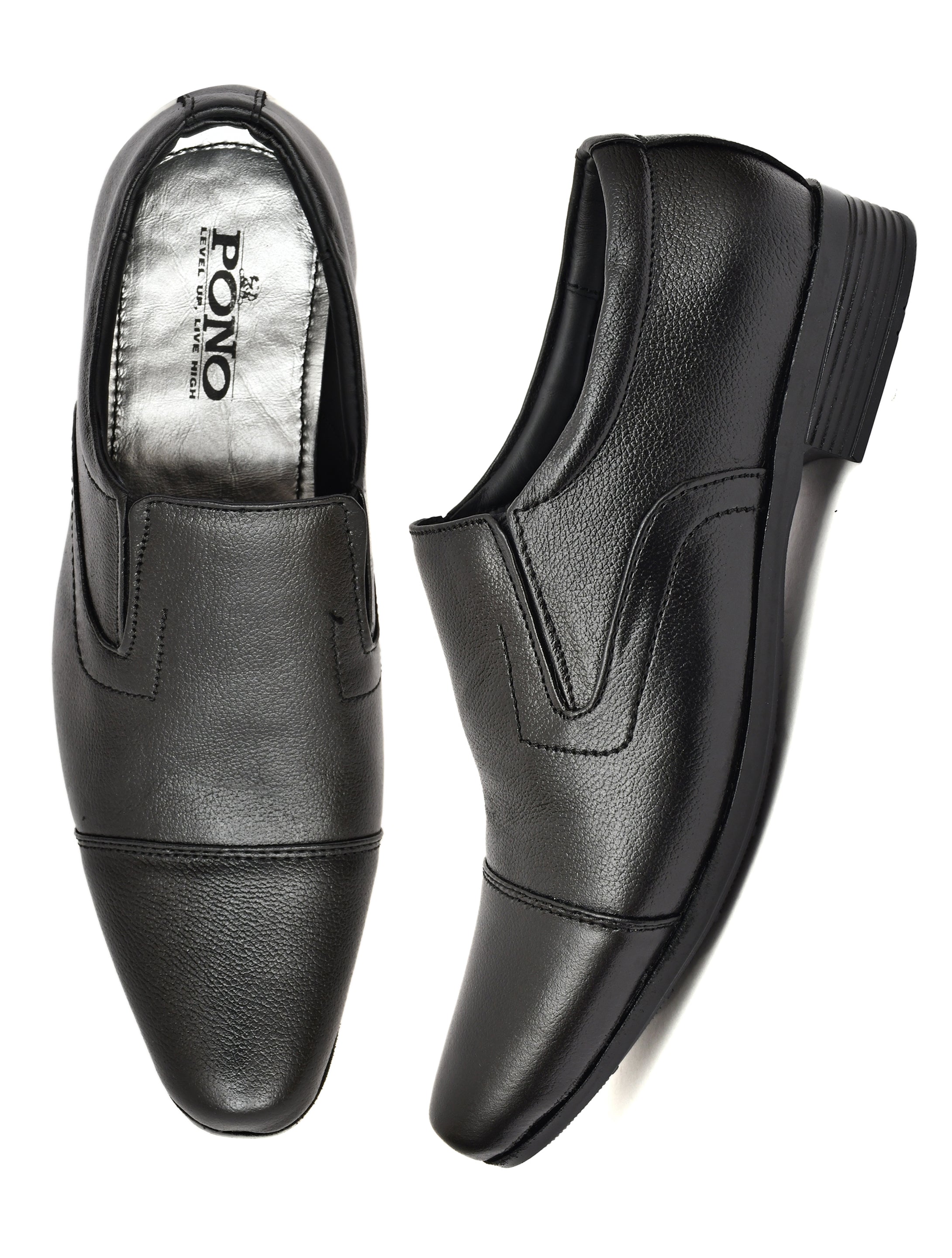 Men's Black Pebbled Leather Cap-Toe Slip-On Formal Shoes | Elegant Office & Wedding Wear