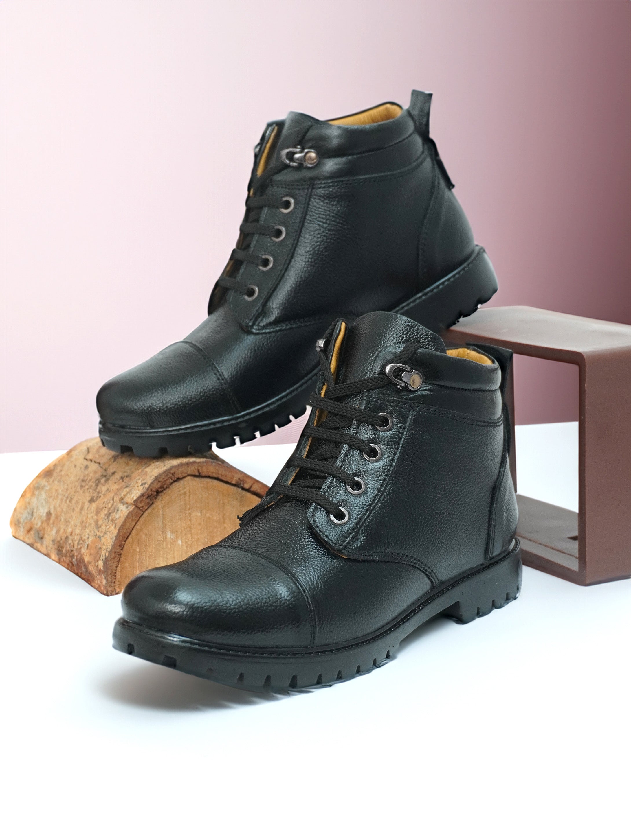 Premium Black Genuine Leather Ankle Boots for Men | Lace-Up Casual & Outdoor Boots