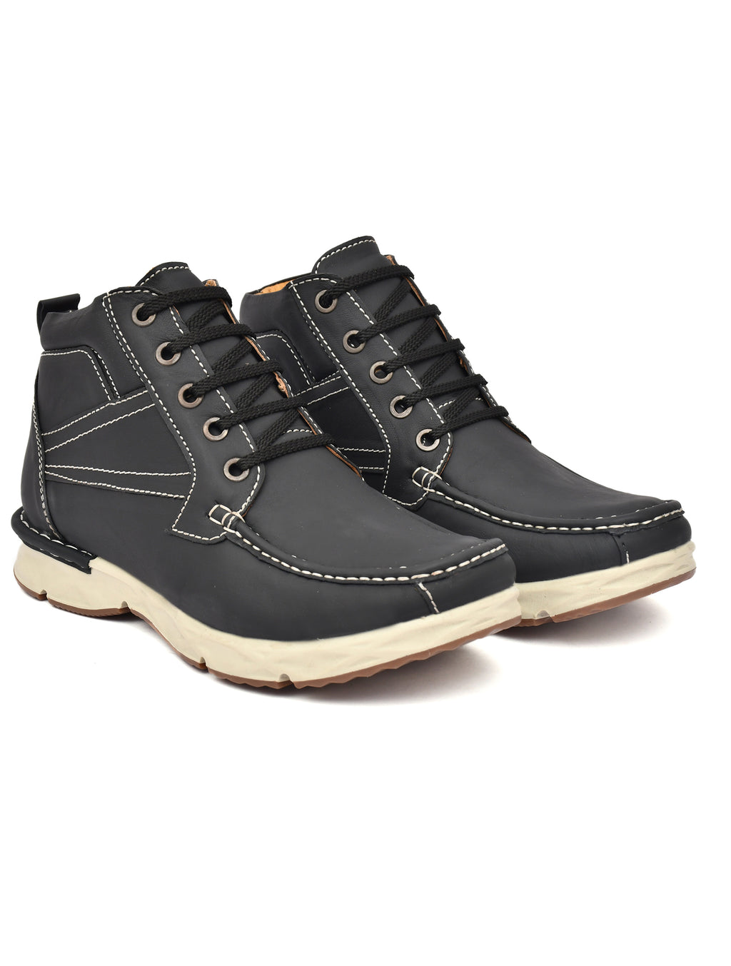 Men's Black Leather High-Top Moc-Toe Lace-Up Casual Boots | Outdoor, Travel & Street Style