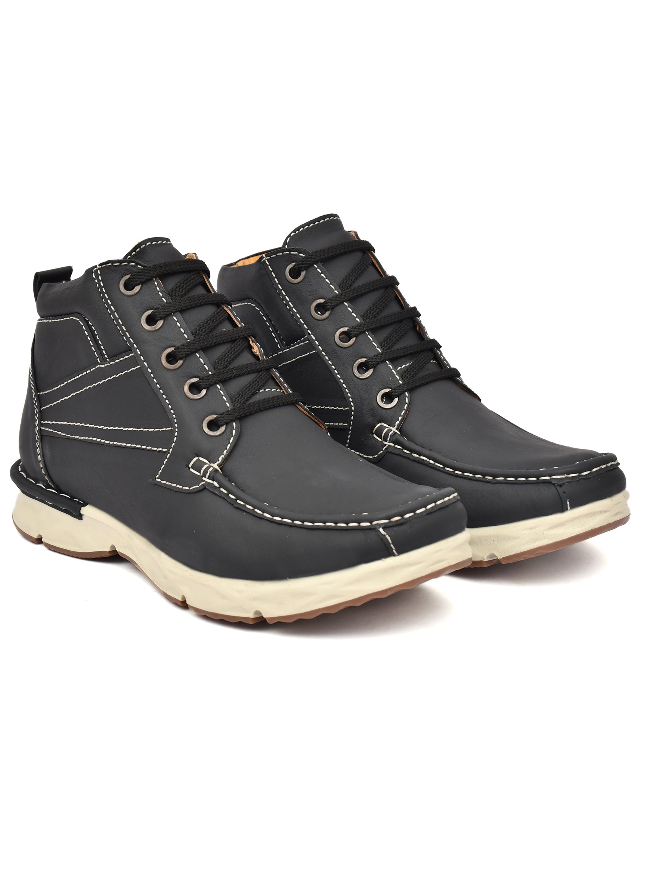 Men's Black Leather High-Top Moc-Toe Lace-Up Casual Boots | Outdoor, Travel & Street Style