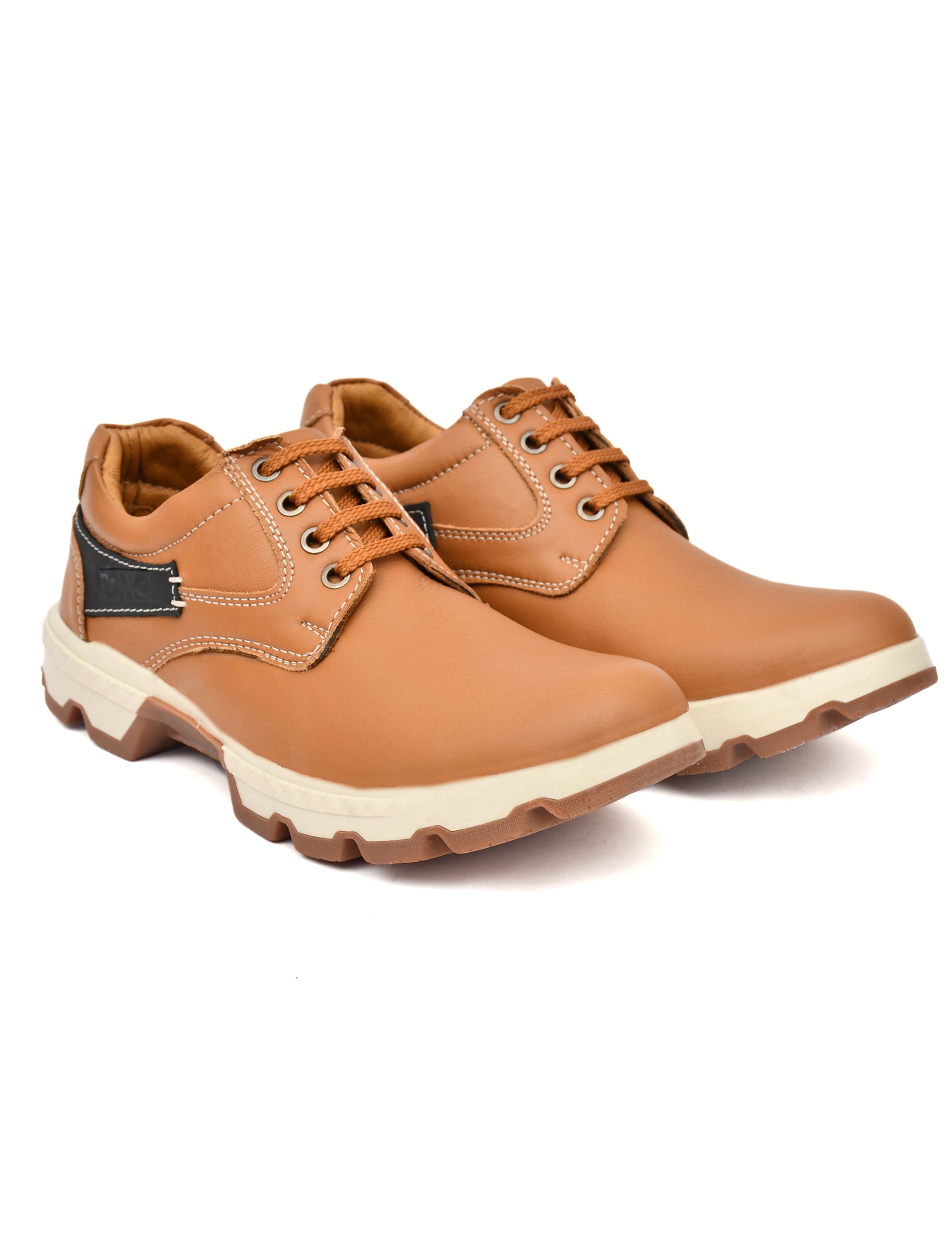 Men's Tan Leather Low-Top Lace-Up Casual Outdoor Shoes | Two-Tone Rugged Everyday Sneaker Boots