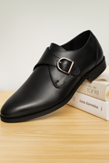 Men's Black Smooth Leather Single Monk Strap Formal Shoes | Premium Buckle Dress Shoes for Office & Wedding