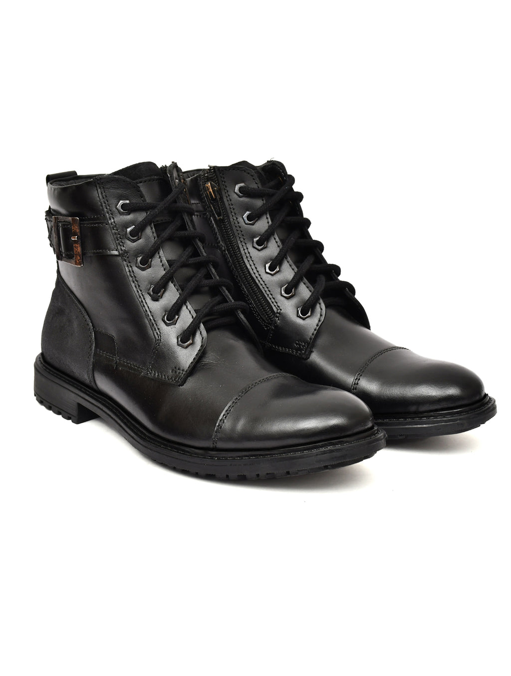 Men's Black Leather & Suede High-Top Military Combat Boots | Cap-Toe Buckle Lace-Up Boots for Outdoor & Smart Casual