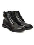 Men's Black Leather & Suede High-Top Military Combat Boots | Cap-Toe Buckle Lace-Up Boots for Outdoor & Smart Casual