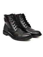 Men's Black Leather & Suede High-Top Military Combat Boots | Cap-Toe Buckle Lace-Up Boots for Outdoor & Smart Casual