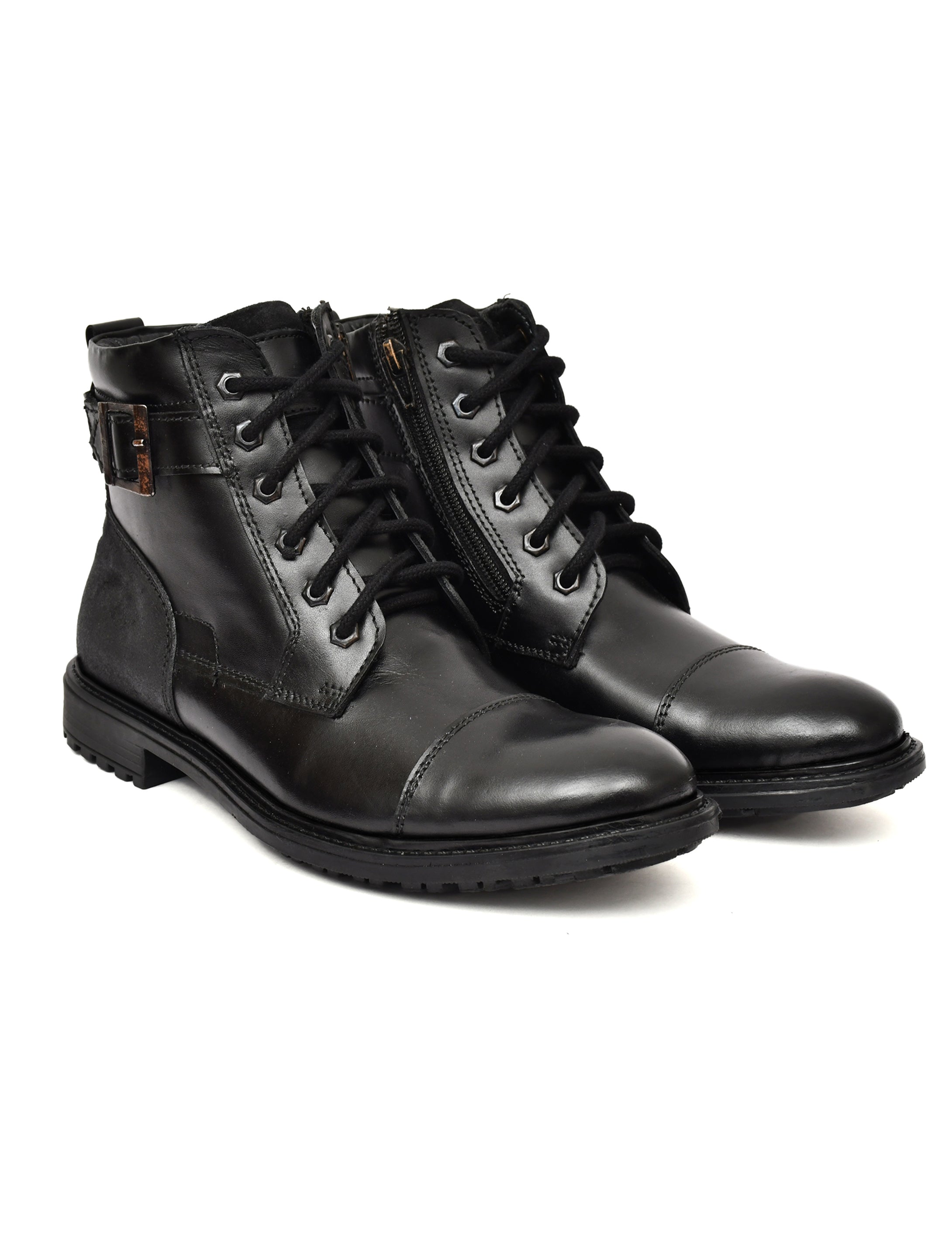 Men's Black Leather & Suede High-Top Military Combat Boots | Cap-Toe Buckle Lace-Up Boots for Outdoor & Smart Casual