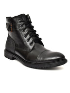 Men's Black Leather & Suede High-Top Military Combat Boots | Cap-Toe Buckle Lace-Up Boots for Outdoor & Smart Casual