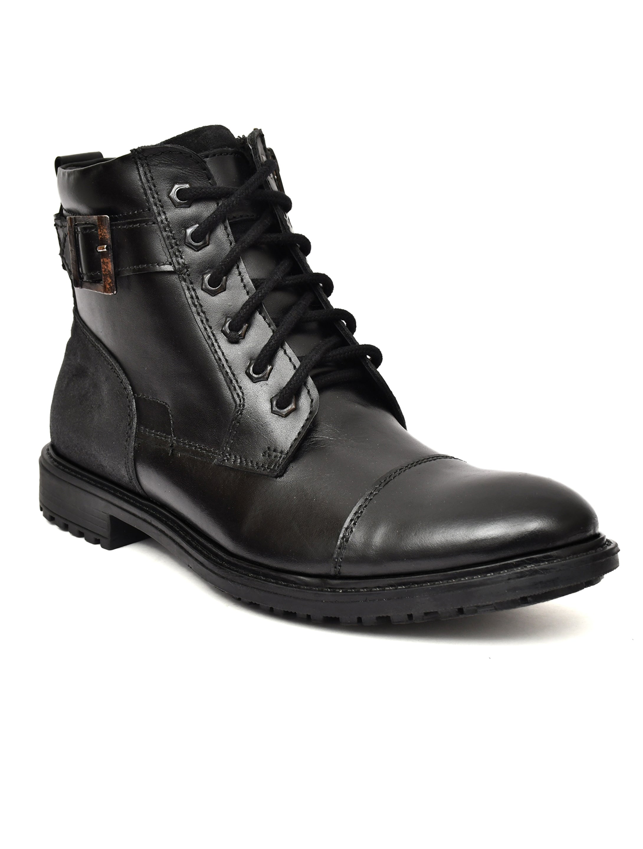 Men's Black Leather & Suede High-Top Military Combat Boots | Cap-Toe Buckle Lace-Up Boots for Outdoor & Smart Casual
