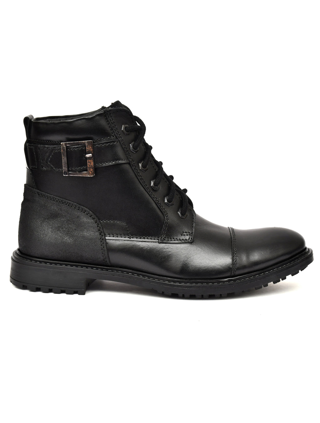 Men's Black Leather & Suede High-Top Military Combat Boots | Cap-Toe Buckle Lace-Up Boots for Outdoor & Smart Casual