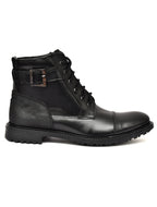 Men's Black Leather & Suede High-Top Military Combat Boots | Cap-Toe Buckle Lace-Up Boots for Outdoor & Smart Casual