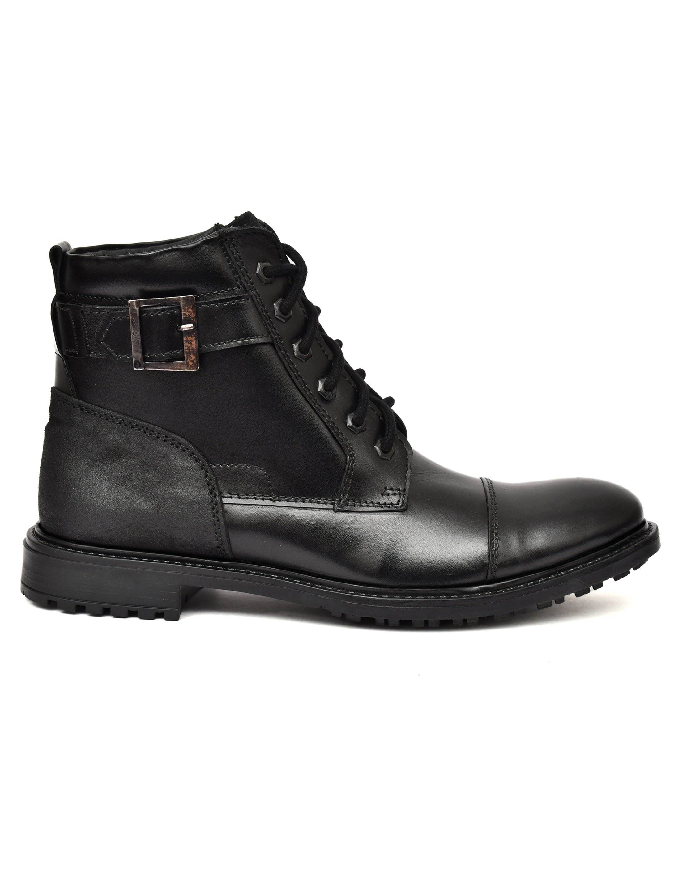 Men's Black Leather & Suede High-Top Military Combat Boots | Cap-Toe Buckle Lace-Up Boots for Outdoor & Smart Casual