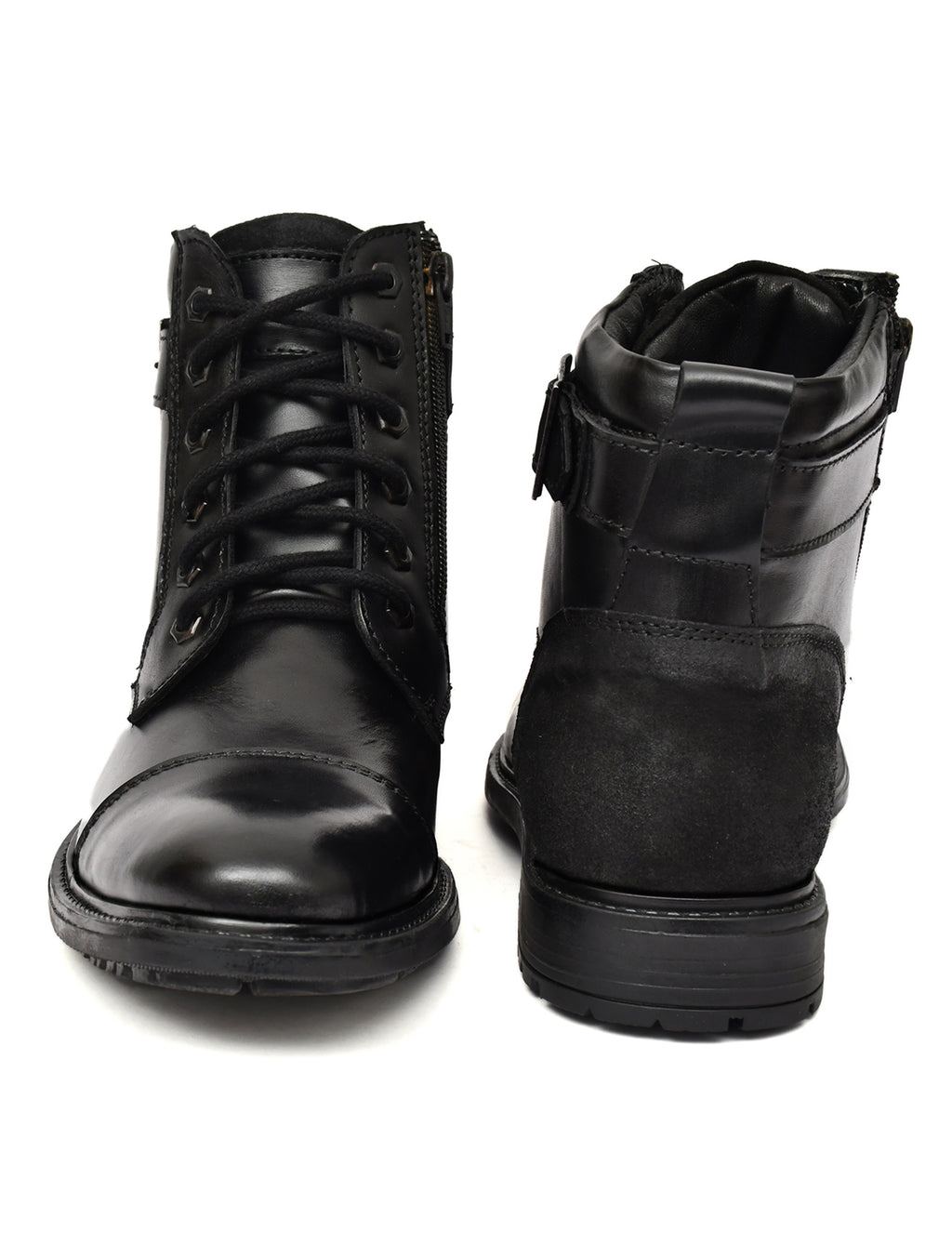 Men's Black Leather & Suede High-Top Military Combat Boots | Cap-Toe Buckle Lace-Up Boots for Outdoor & Smart Casual