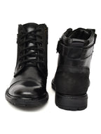 Men's Black Leather & Suede High-Top Military Combat Boots | Cap-Toe Buckle Lace-Up Boots for Outdoor & Smart Casual