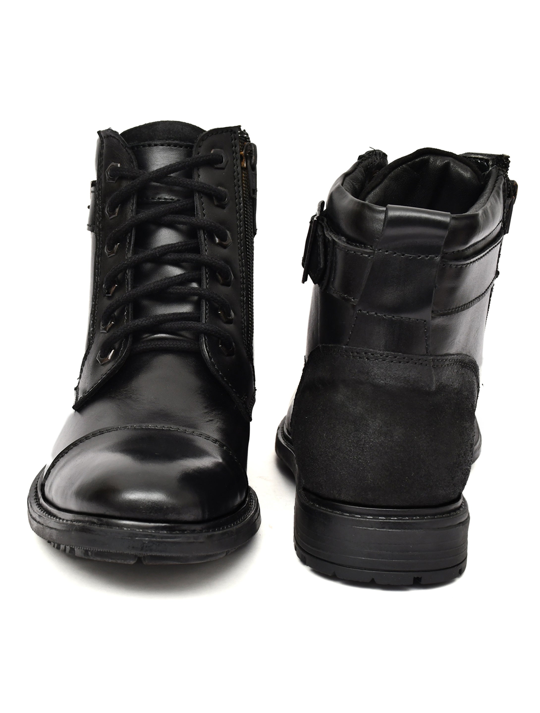 Men's Black Leather & Suede High-Top Military Combat Boots | Cap-Toe Buckle Lace-Up Boots for Outdoor & Smart Casual
