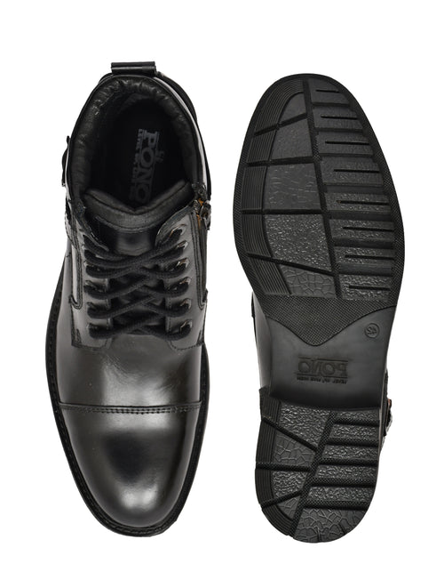 Men's Black Leather & Suede High-Top Military Combat Boots | Cap-Toe Buckle Lace-Up Boots for Outdoor & Smart Casual