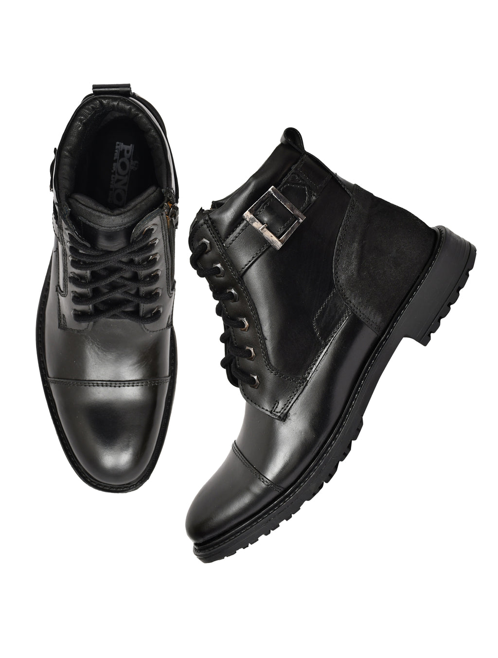 Men's Black Leather & Suede High-Top Military Combat Boots | Cap-Toe Buckle Lace-Up Boots for Outdoor & Smart Casual