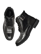 Men's Black Leather & Suede High-Top Military Combat Boots | Cap-Toe Buckle Lace-Up Boots for Outdoor & Smart Casual