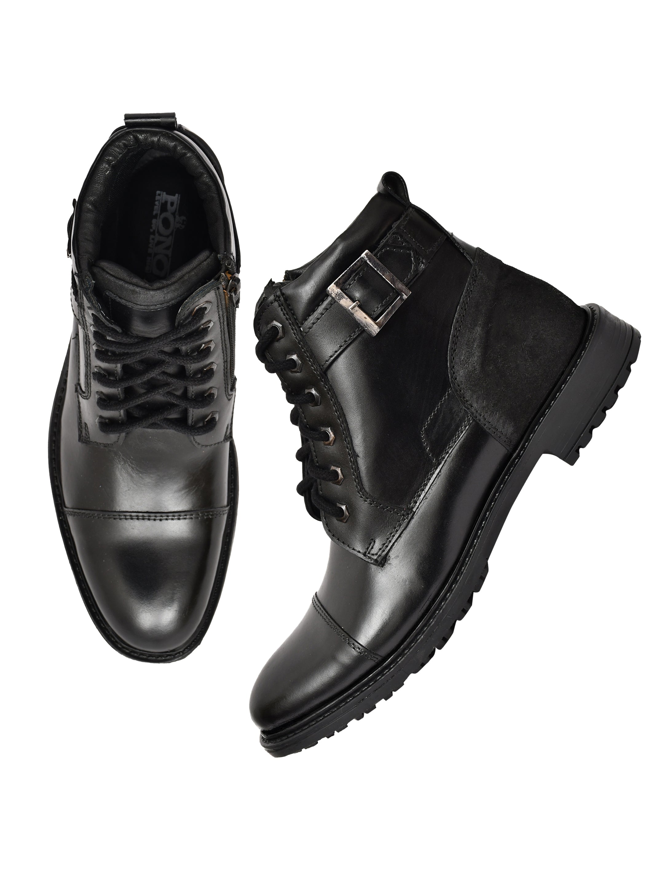 Men's Black Leather & Suede High-Top Military Combat Boots | Cap-Toe Buckle Lace-Up Boots for Outdoor & Smart Casual