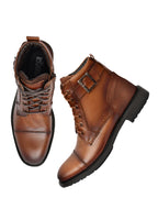 Men's Tan Burnished Leather High-Top Military Combat Boots | Cap-Toe Buckle Lace-Up Boots for Outdoor & Smart Casual