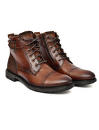 Men's Tan Burnished Leather High-Top Military Combat Boots | Cap-Toe Buckle Lace-Up Boots for Outdoor & Smart Casual