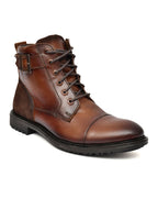 Men's Tan Burnished Leather High-Top Military Combat Boots | Cap-Toe Buckle Lace-Up Boots for Outdoor & Smart Casual