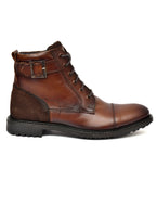Men's Tan Burnished Leather High-Top Military Combat Boots | Cap-Toe Buckle Lace-Up Boots for Outdoor & Smart Casual
