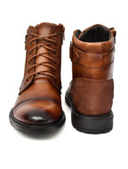 Men's Tan Burnished Leather High-Top Military Combat Boots | Cap-Toe Buckle Lace-Up Boots for Outdoor & Smart Casual