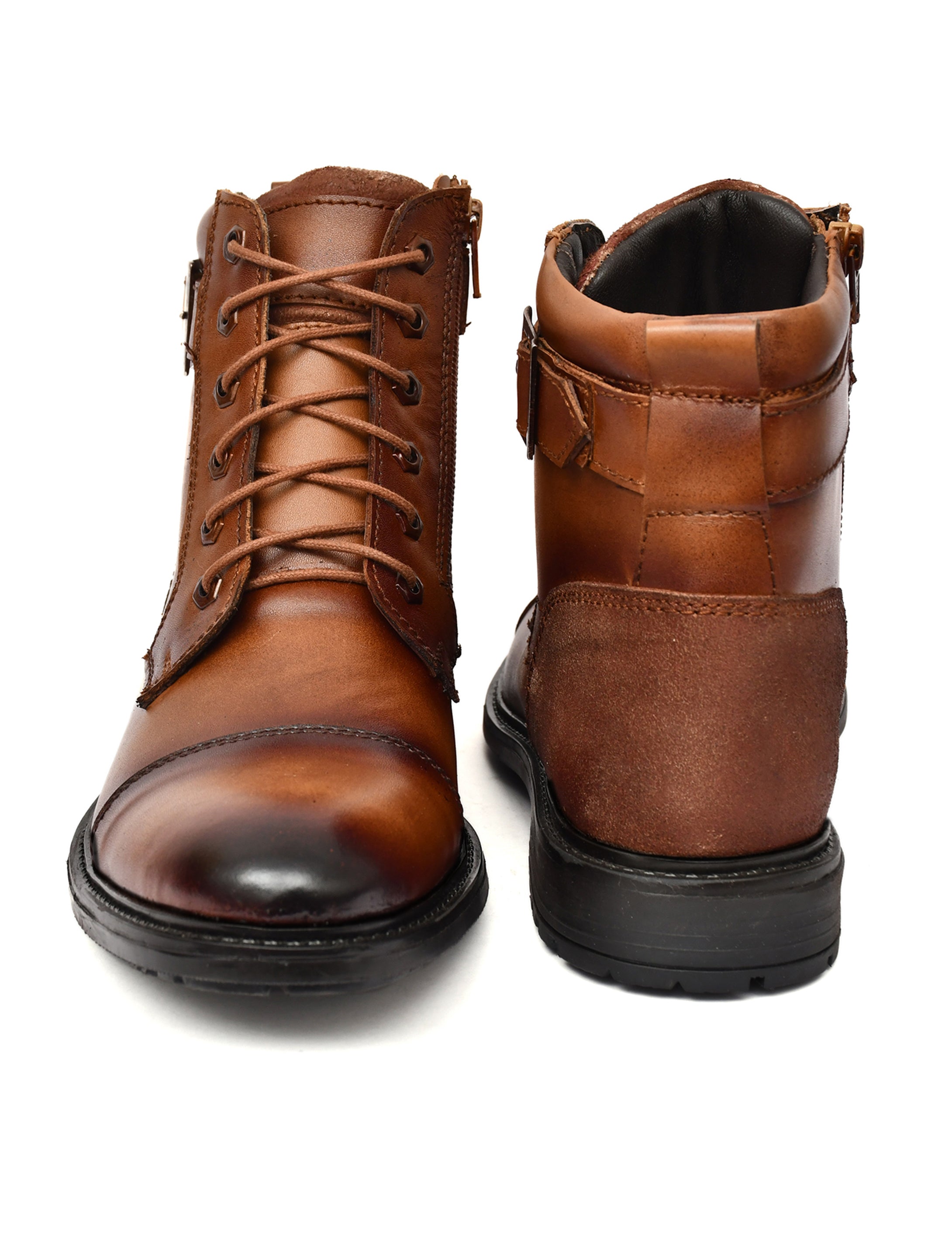 Men's Tan Burnished Leather High-Top Military Combat Boots | Cap-Toe Buckle Lace-Up Boots for Outdoor & Smart Casual