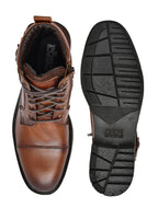 Men's Tan Burnished Leather High-Top Military Combat Boots | Cap-Toe Buckle Lace-Up Boots for Outdoor & Smart Casual