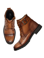 Men's Tan Leather & Suede High-Top Military Combat Boots | Cap-Toe Buckle Lace-Up Boots for Outdoor & Smart Casual