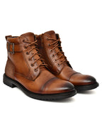 Men's Tan Leather & Suede High-Top Military Combat Boots | Cap-Toe Buckle Lace-Up Boots for Outdoor & Smart Casual