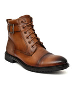 Men's Tan Leather & Suede High-Top Military Combat Boots | Cap-Toe Buckle Lace-Up Boots for Outdoor & Smart Casual