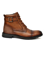 Men's Tan Leather & Suede High-Top Military Combat Boots | Cap-Toe Buckle Lace-Up Boots for Outdoor & Smart Casual