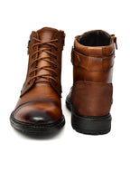Men's Tan Leather & Suede High-Top Military Combat Boots | Cap-Toe Buckle Lace-Up Boots for Outdoor & Smart Casual