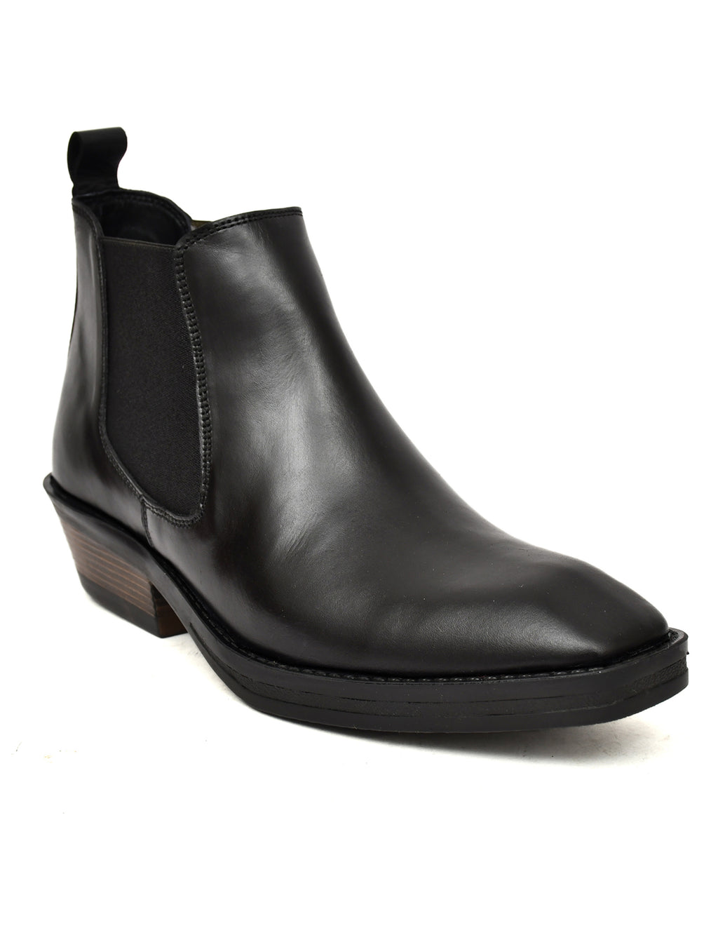 Men's Black Leather Chelsea Ankle Boots with Stacked Heel