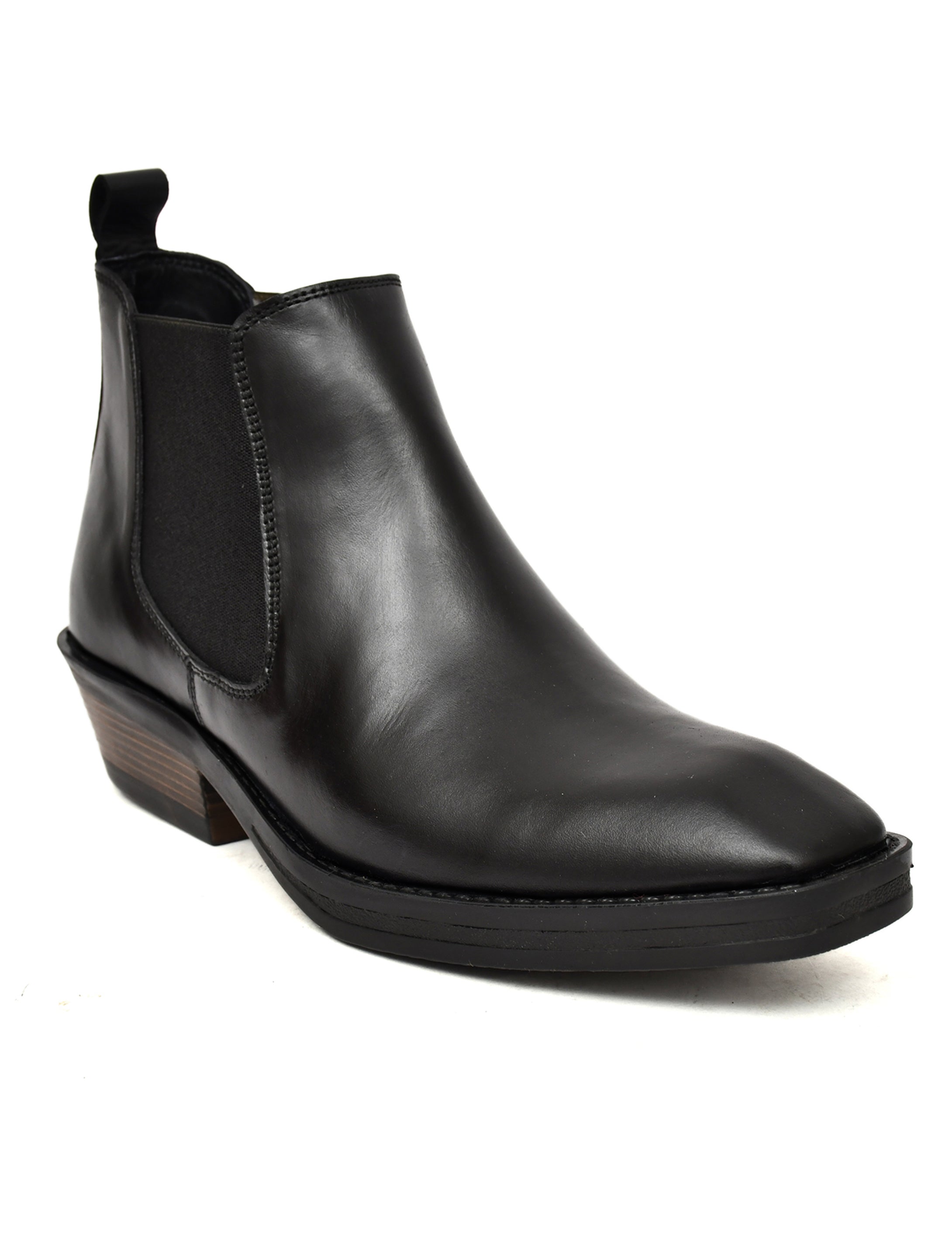 Men's Black Leather Chelsea Ankle Boots with Stacked Heel
