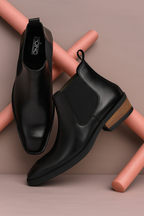 Men's Black Leather Chelsea Ankle Boots with Stacked Heel
